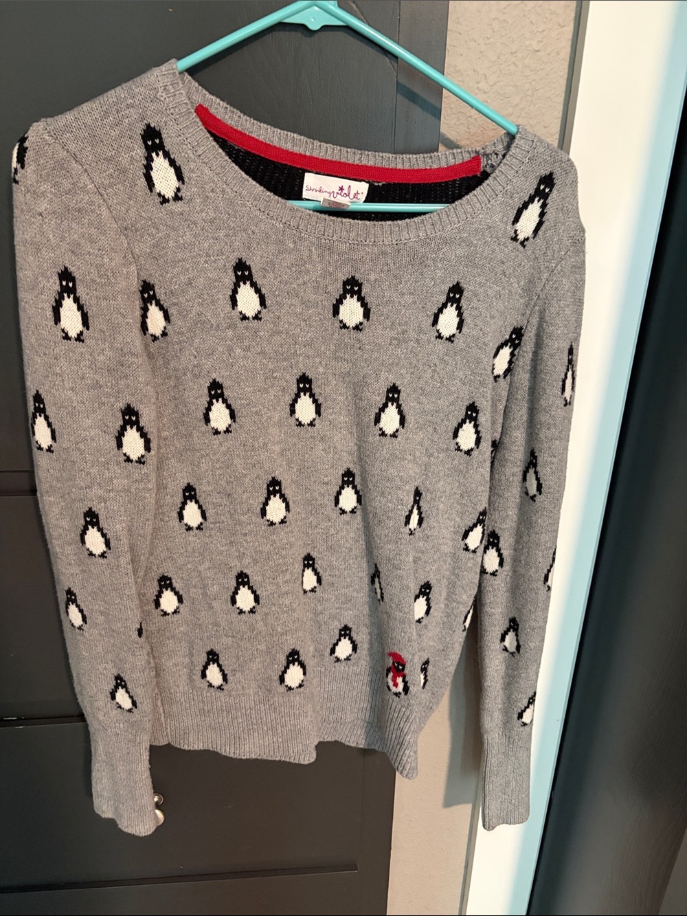 Shrinking Violet Grey Penguin Crewneck Sweater with Red Trim
